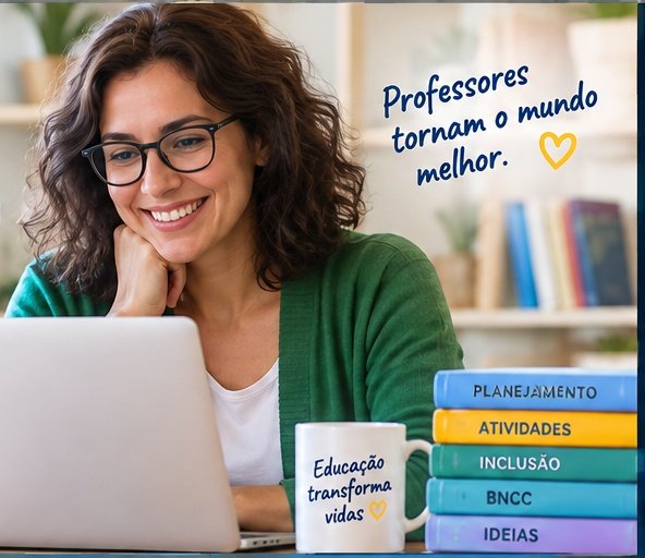 Professora sorrindo em frente ao computador, cercada de livros e materiais pedagógicos